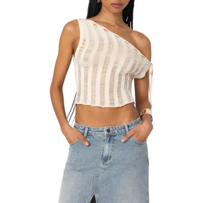 Edikted Tamra Sheer Knit Asymmetric Top In Cream