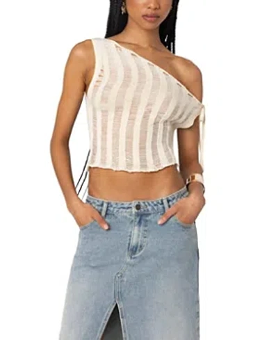 Edikted Tamra Sheer Knit Asymmetric Top In Cream