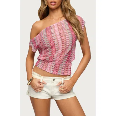 Edikted Taniya Off The Shoulder Zigzag Knit Crop Top In Pink