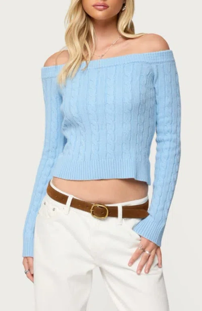 Edikted Tanzia Off The Shoulder Cable Stitch Sweater In Blue