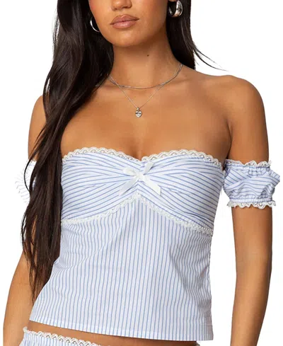 Edikted Taryn Stripe Off The Shoulder Top In Light-blue