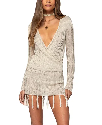 EDIKTED TASSEL KNIT WRAP MINI DRESS