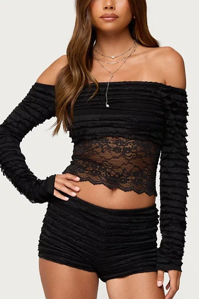 Edikted Tauri Ruffle Lace Off The Shoulder Top In Black