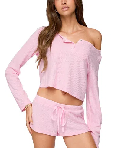 Edikted Teddy Cropped Waffle Top In Pink