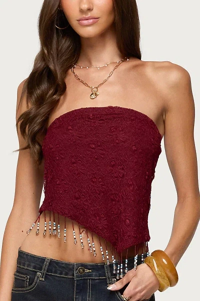 Edikted Textured Asymmetric Bead Fringe Strapless Top In Burgundy, Women's At Urban Outfitters