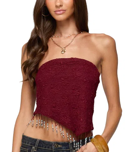 EDIKTED TEXTURED ASYMMETRIC BEAD FRINGE STRAPLESS TOP