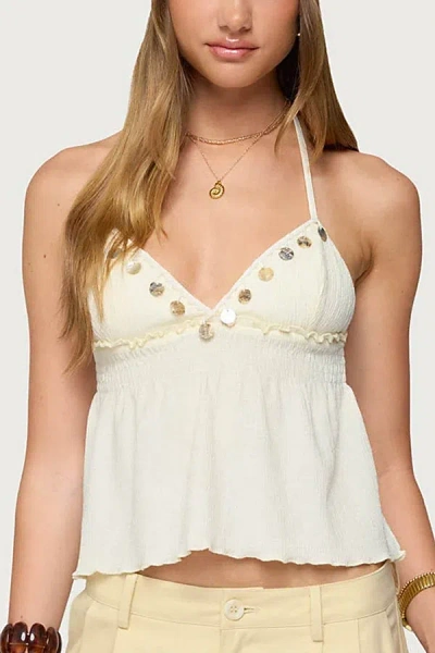EDIKTED TEXTURED IRIDESCENT BABYDOLL HALTER TOP IN CREAM, WOMEN'S AT URBAN OUTFITTERS