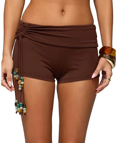 Edikted Thia Ruched Bead Foldover Shorts In Brown