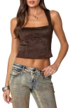 Edikted Tie Back Faux Suede Bustier Top In Brown