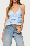 Edikted Tiered Ruffle Backless Striped Halter Top In Blue