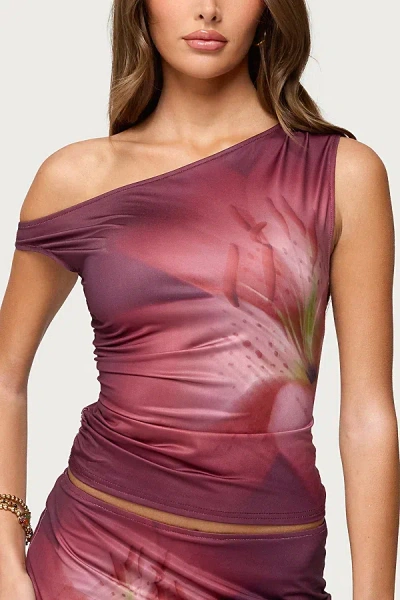 EDIKTED TIGER FLOWER OFF SHOULDER TOP IN BURGUNDY, WOMEN'S AT URBAN OUTFITTERS