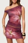 Edikted Tiger Flower One-shoulder Top In Burgundy