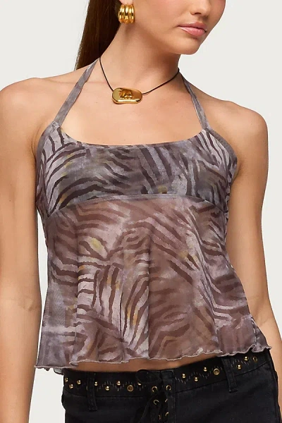 Edikted Tiger Printed Mesh Babydoll Top In Brown, Women's At Urban Outfitters In Multi