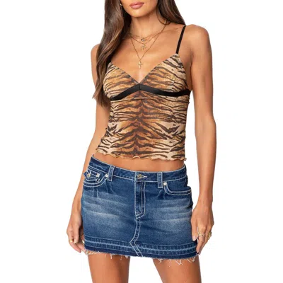 Edikted Tiger Stripe Print Mesh Tank Top In Beige