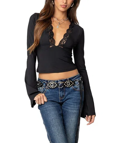 Edikted Tina Lace Trim Plunge Neck Top In Black