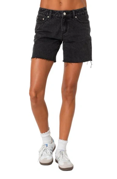 Edikted Tomboy Low Rise Cutoff Denim Shorts In Black-washed