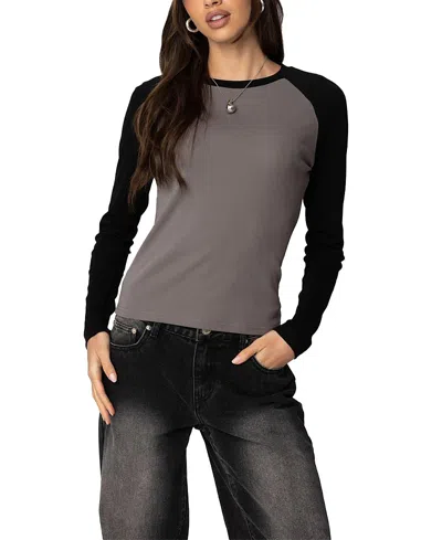 Edikted Tommi Raglan Long Sleeve T-shirt In Gray-and-black