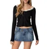 Edikted Tracey Crop Lace Trim Rib Henley In Black