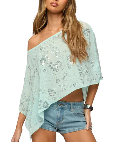 Edikted Triana Bead & Sequin Chiffon Poncho Top In Aqua, Women's At Urban Outfitters In Blue