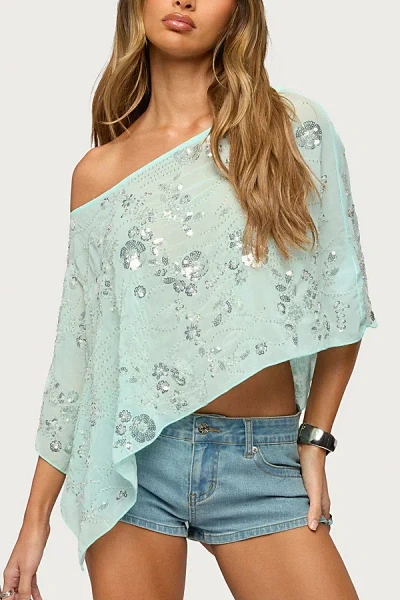 Edikted Triana Bead & Sequin Chiffon Poncho Top In Aqua, Women's At Urban Outfitters In Blue