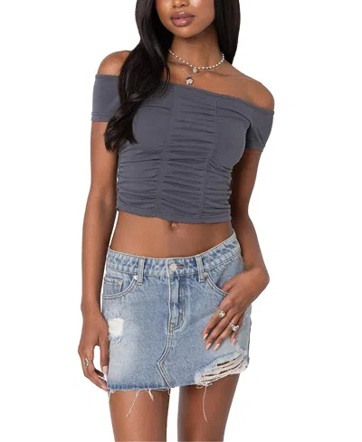 Edikted Triple Ruched Off Shoulder Top In Dark-gray
