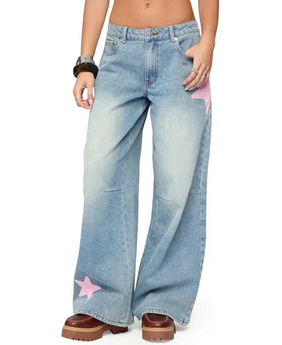 Edikted Trish Satin Effect Stars Low Rise Light Rinse Wash Jeans In Blue