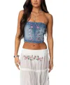 Edikted Tula Floral Embroidered Strapless Denim Corset Top In Blue