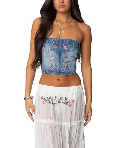 EDIKTED TULA EMBROIDERED DENIM CORSET