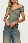 Edikted Twist Front Off The Shoulder Top In Green