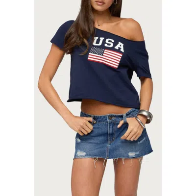 Edikted Usa Off The Shoulder Graphic Tee In Navy