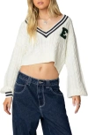 Edikted Collegiate Cropped Cable Knit Sweater In Cream