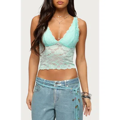 Edikted Vanya Sheer Lace V Neck Top In Green