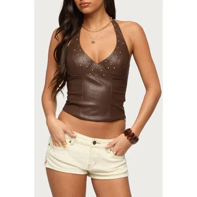 Edikted Vaya Studded Faux Leather Halter Top In Brown