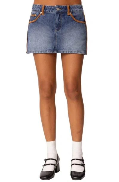 Edikted Vera Suede Trim Denim Miniskirt In Blue