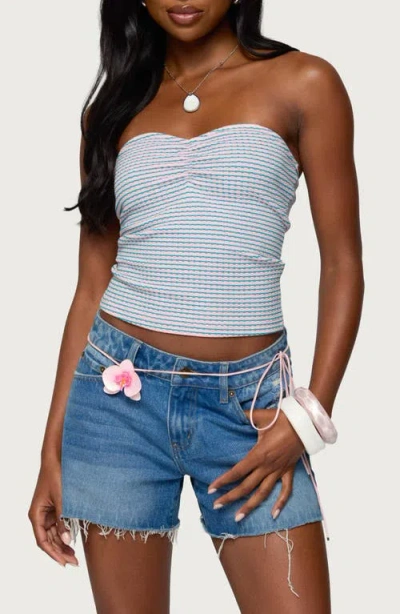 Edikted Veranda Stripe Textured Knit Tube Top In Blue