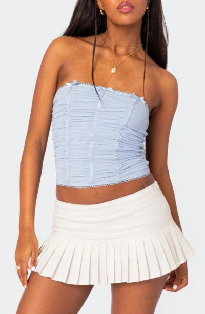 Edikted Veronika Strapless Ruched Mesh Top In Light-blue