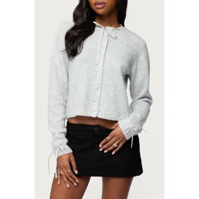 Edikted Vickie Ribbon Detail Crop Cardigan In Gray