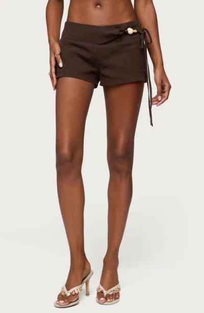 Edikted Vikkie Beaded Waist Low Rise Linen Blend Shorts In Brown