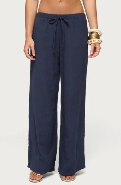 Edikted Viktoria Cotton Crinkle Gauze Wide Leg Drawstring Pants In Blue