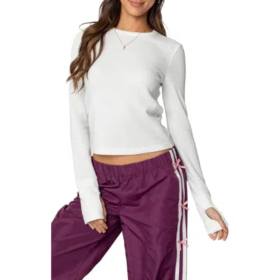 Edikted Waffle Knit Long Sleeve Crop T-shirt In White
