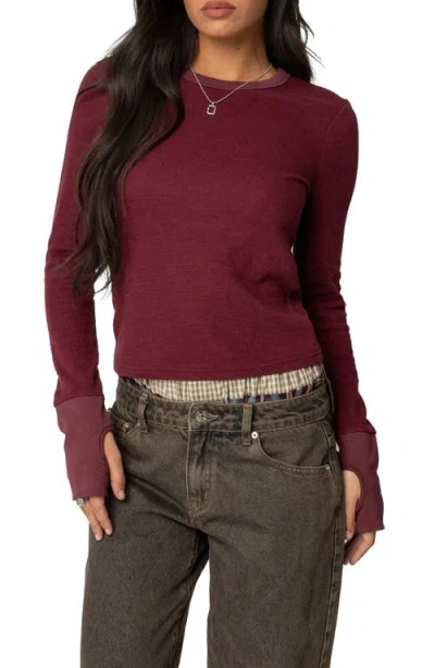 Edikted Waffle Long Sleeve T-shirt In Burgundy