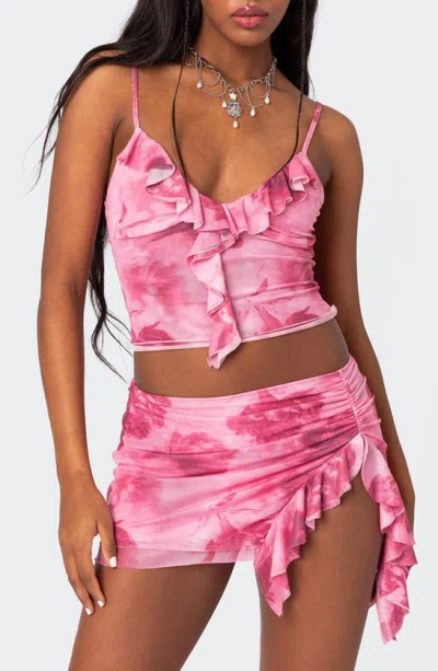 Edikted Wanda Printed Mesh Ruffled Tank Top In Pink