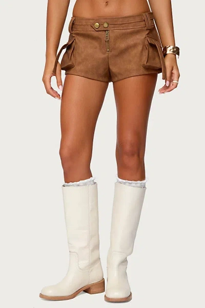 Edikted Washed Faux Leather Micro Cargo Shorts In Tan, Women's At Urban Outfitters In Brown