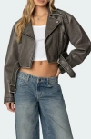 Edikted Washed Faux Leather Moto Jacket In Gray-washed