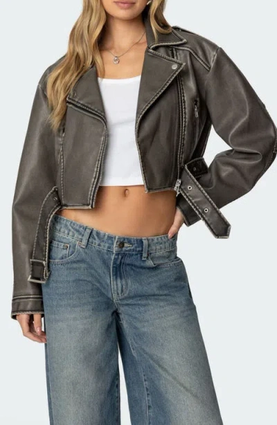 Edikted Washed Faux Leather Moto Jacket In Gray-washed