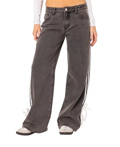 Edikted Ribbon Stripe Washed Low Rise Wide Leg Jeans In Dark-gray