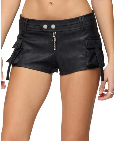 Edikted Faux Leather Micro Cargo Shorts In Black