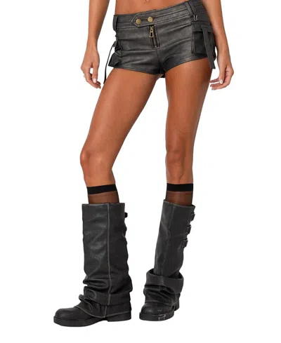 Edikted Faux Leather Micro Cargo Shorts In Black-washed