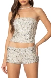 Edikted Wavy Sequin Strapless Corset Top In Silver