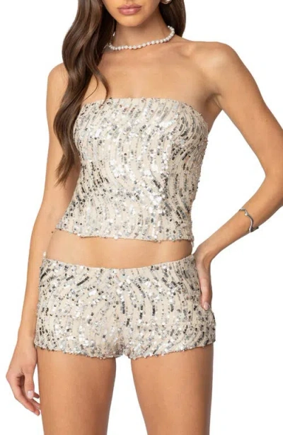 Edikted Wavy Sequin Strapless Corset Top In Silver